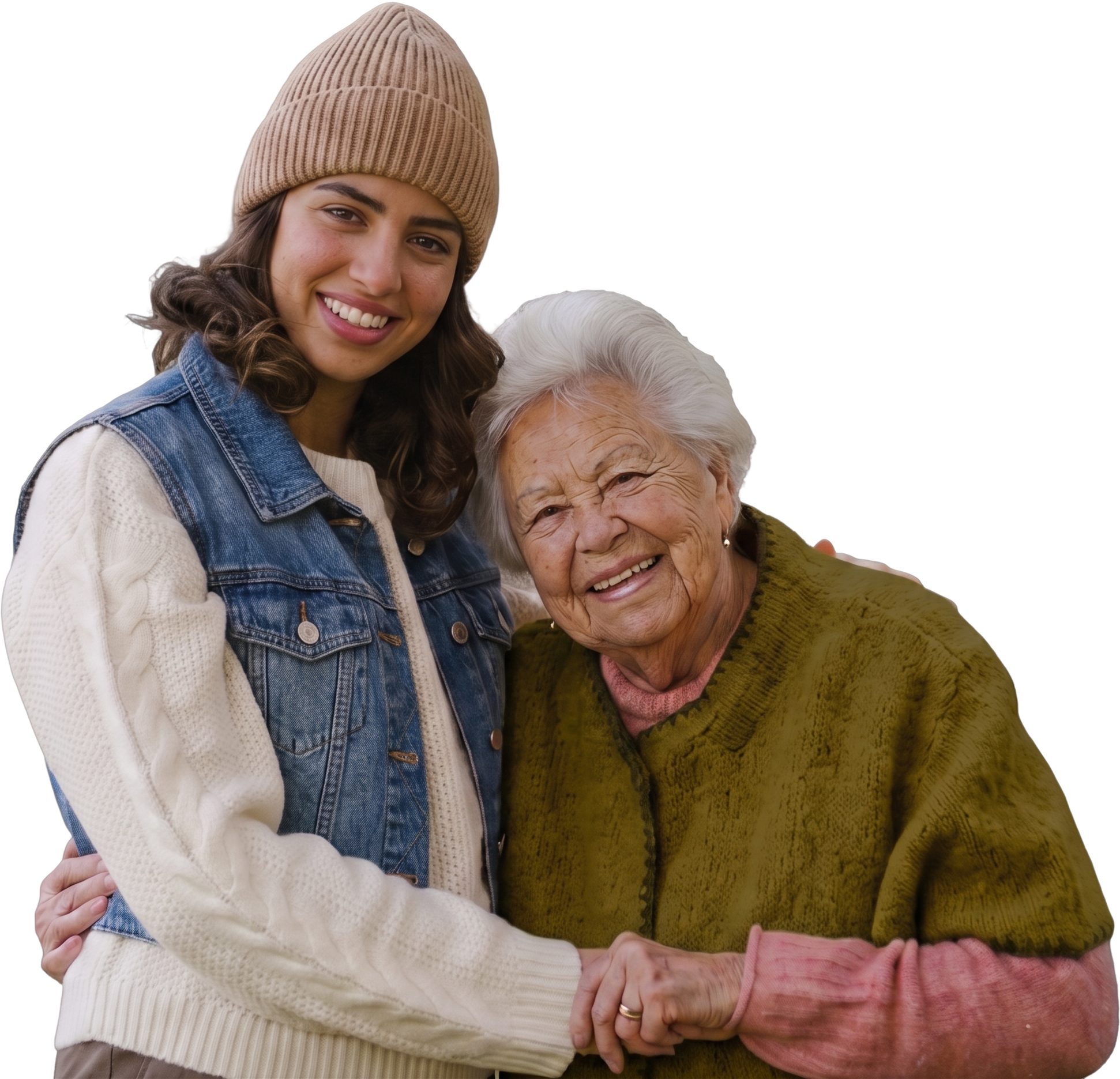 Une accompagnante et une personne âgée souriantes dans un parc